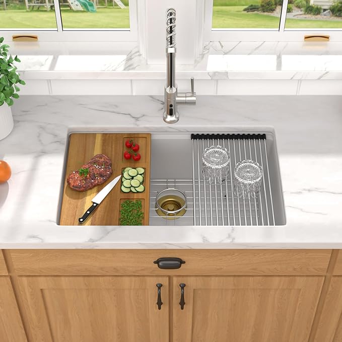 28 White Undermount Kitchen Sink - Granite Composite Single Bowl Workstation All-In One Classic Quartz-Based Kitchen Sink, with Mixing Bowl, Pasta Strainer and Gold Drain Assembly #TLGU-124