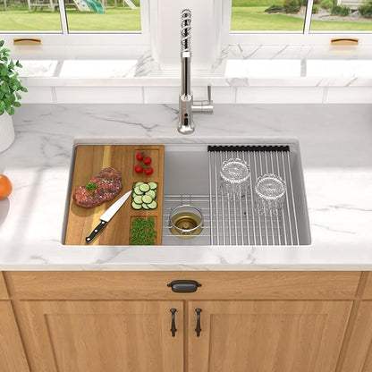 28 White Undermount Kitchen Sink - Granite Composite Single Bowl Workstation All-In One Classic Quartz-Based Kitchen Sink, with Mixing Bowl, Pasta Strainer and Gold Drain Assembly #TLGU-124