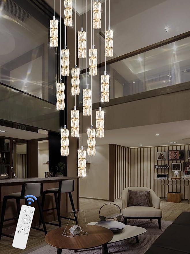 ykolupty H110 Chandelier for High Ceiling 16-Lights Crystal Pendant Light with Remote Large Chandelier for Living Room Staircase Villa