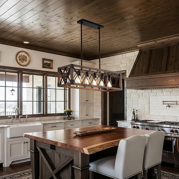 Dining Room Light Fixture/Chandelier Over Table,Matte Black Rustic Wood Ceiling Pendant Light,6-Light Kitchen Island Lighting Fixtures, Linear Farmhouse Chandeliers for Dining Room,Kitchen Island