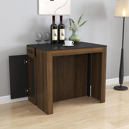 Modern Extendable Dining Table for 4-6 People with Outlet, Multifunctional Foldable Dinner Kitchen Table with Storage, Walnut+Black