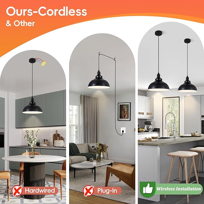 Black Battery Operated Pendant Lights 2 Pack, Modern Rechargeable Pendant Lighting with Remote, Pendant Light Fixtures for Kitchen Island, Industrial Hanging Lights for Dining Room Hallway Entryway