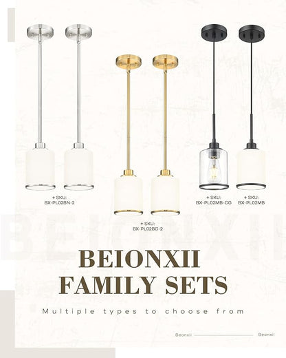 Beionxii Brushed Nickel Pendant Lights Kitchen Island 2 Pack, Hanging Lights Fixtures with Milk Glass, Kitchen Pendant Lighting Over Island, Hanging Lights for Sink Dining Room Entryway, BX-PL02BN-2