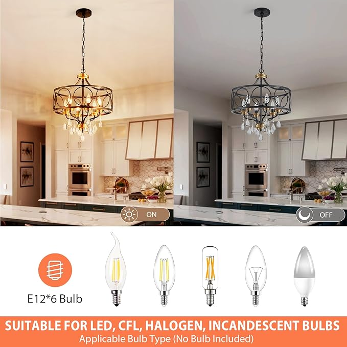 Crystal Chandeliers for Dining Room,17.7" Black and Gold 6 Lights Hanging Pendant Lighting Fixture Metal Farmhouse Chandelier for Kitchen Island Entryway Living Room