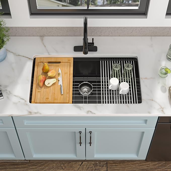 30 Granite Composite Kitchen Sink - Fulorni 30"x19" Black Granite Kitchen Sink Undermount Ledge Workstation Matte Black Quartz Composite Under Counter Single Bowl Sink Basin