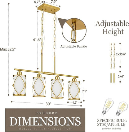 4-Light Kitchen Island Lighting, Brushed Gold Linear Dining Room Light Fixtures with Milk Glass, Modern Industrial Chandelier Pendant Light for Kitchen Island Dining Room, CH9176BGW-4IS