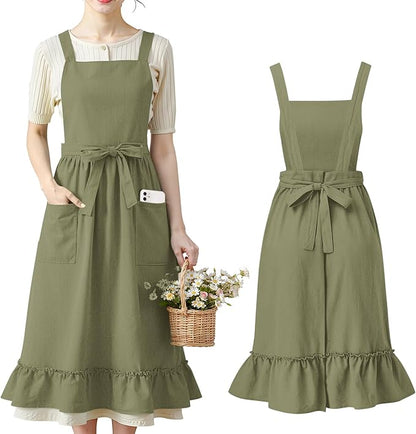 100% Cotton Aprons with Pockets Pinafore Dress for Women Vintage Cute Aprons for Kitchen Baking Gardening Painting