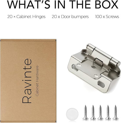 Ravinte 20 Pack 10 Pairs Semi-Overlay 1/2 inch Self-Closing Face Frame Cabinet Hinges Satin Nickel Half Wrap-Around Kitchen Cabinet Door Hinges Face Mount Cabinet Hardware