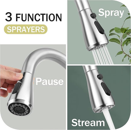 Herogo Brushed Nickel Kitchen Sink Faucet Set with Pull Down Sprayer and Soap Dispenser, Stainless Steel Rv Outdoor Kitchen Faucet for 1-3 Hole with Pop Up Drain, Deck Plate and Supply