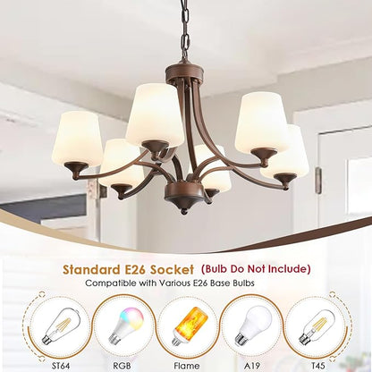 6-Light Farmhouse Chandelier Oil Rubbed Bronze Pendant Light Fixture with Frosted Glass, Rustic Ceiling Lighting Modern Hanging Lamp for Dining Room Living Room Bedroom, 47.2" Height Adjustable