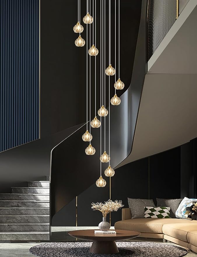 Weesalife Crystal Chandeliers for Staircases, 14-Light Gold Modern Chandeliers for High Ceilings，Crystal Pendant Light Fixture for Living Room Kitchen Island Foyer Hallway Bar