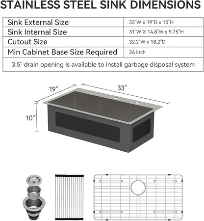 Lordear 33x19 Inch Drop In Kitchen Sink Stainless Steel Topmount Sinks T304 16 Gauge Single Bowl Above Counter 10 Inch Basin