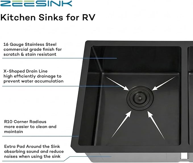 Black RV Kitchen Sink 27 X 16 inch,50/50 Double Bowl Undermount Kitchen Sink,16 Gauge Stainless Steel Kitchen Sinks for RV