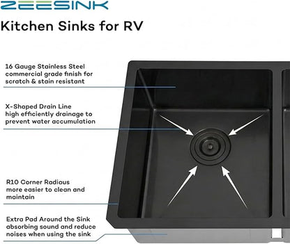 Black RV Kitchen Sink 27 X 16 inch,50/50 Double Bowl Undermount Kitchen Sink,16 Gauge Stainless Steel Kitchen Sinks for RV