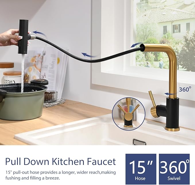 CENOSA Kitchen Faucet with Pull Down Sprayer Waterfall Single Hole Kitchen Sink Faucet Stainless Steel Modern Kitchen Faucets Black and Gold