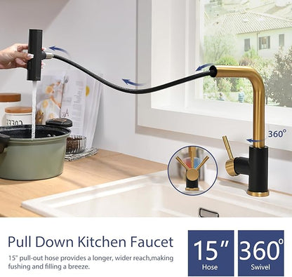 CENOSA Kitchen Faucet with Pull Down Sprayer Waterfall Single Hole Kitchen Sink Faucet Stainless Steel Modern Kitchen Faucets Black and Gold