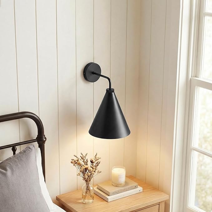 Vintage Modern Metal Conical Wall Sconce - Retro Black Wall Lamp, Decorative Inspired Cone Wall Mount Lighting Fixture for Bedroom, Living Room, Hallway(9.8“L x 9.8" W x 12.5" H Black)