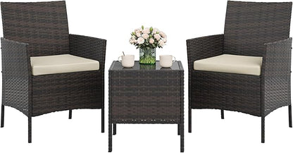 GAOMON 3-Piece Patio Furniture Set, Modern PE Rattan Conversation Set with 2 Chairs & Tempered Glass Coffee Table, All-Weather Outdoor Seating for Garden, Porch, Balcony, Poolside, Brown/Cream