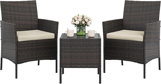 GAOMON 3-Piece Patio Furniture Set, Modern PE Rattan Conversation Set with 2 Chairs & Tempered Glass Coffee Table, All-Weather Outdoor Seating for Garden, Porch, Balcony, Poolside, Brown/Cream
