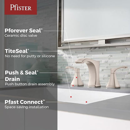 Pfister Venturi 8 in Widespread 3 Hole Bathroom Sink Faucet with Push & Seal Drain, Spot Defense Brushed Nickel Finish, 2 Handle Vanity Faucet for Sink LF049VNGS