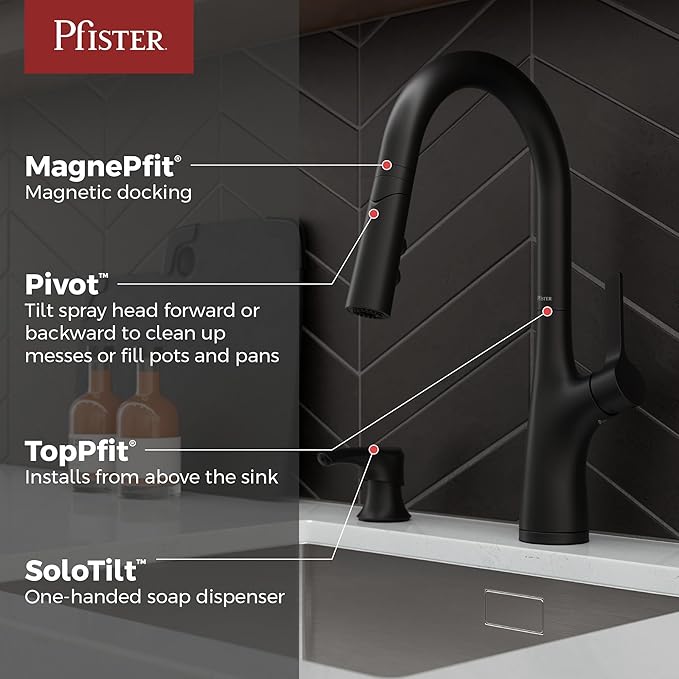 Pfister Ceylon Kitchen Faucet with Pull Down Sprayer and Soap Dispenser, Single Handle, High Arc Spout, Matte Black Finish, NSF Certified, 1-Hole Installation F5297CLOSDB