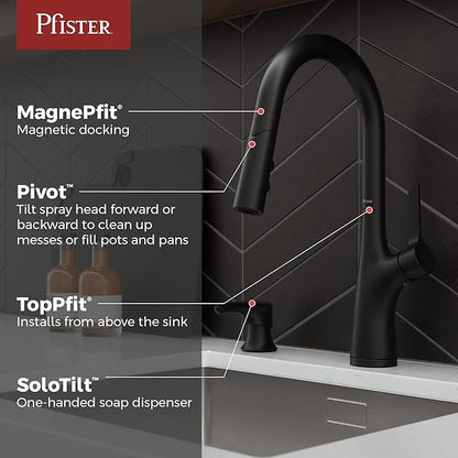 Pfister Ceylon Kitchen Faucet with Pull Down Sprayer and Soap Dispenser, Single Handle, High Arc Spout, Matte Black Finish, NSF Certified, 1-Hole Installation F5297CLOSDB