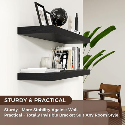 Venusmiles Floating Shelves for Wall, Engineered Wood Wall Shelves with Invisible Brackets for Living Room Bedroom Bathroom Office Kitchen Decor and Storage (Black, 36" W x 9" D x 1.5" H) Set of 2