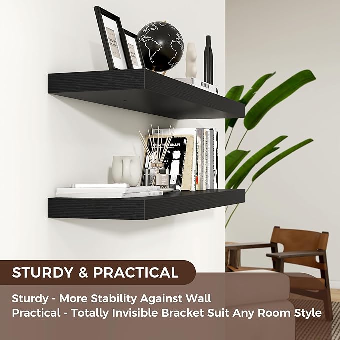 Venusmiles Floating Shelves for Wall, Engineered Wood Wall Shelves with Invisible Brackets for Living Room Bedroom Bathroom Office Kitchen Decor and Storage (Black, 48" W x 9" D x 1.5" H) Set of 2