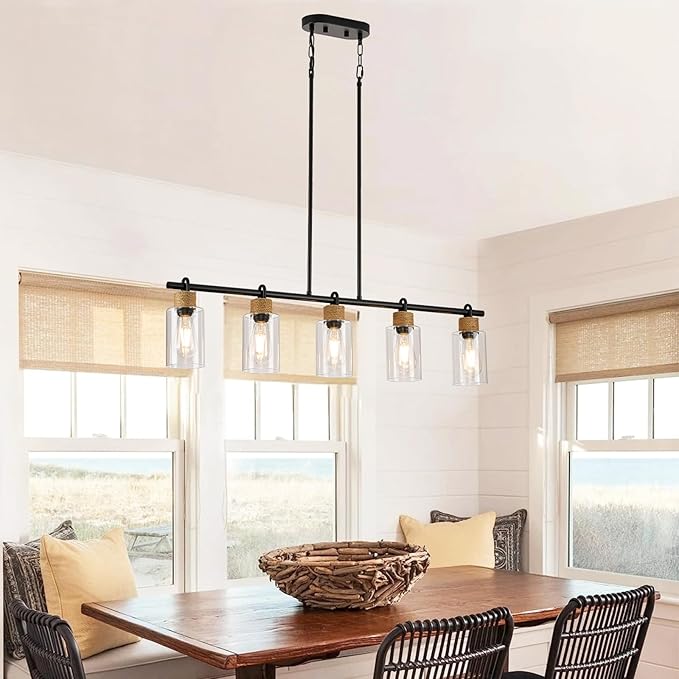 5-Light Linear Chandeliers, Black Kitchen Pendant Lighting Over Island, Farmhouse Dining Room Light fixtures with Jute Rope & Clear Glass Shades(Black 5 Light)