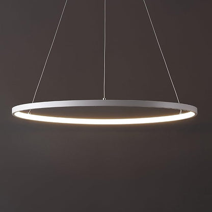 JONATHAN Y 23.75" Matte White Modern Integrated LED Pendant Light, Dimmable Round Hoop Chandelier for Kitchen Island, Dining Room, Adjustable Height Metal Hanging Light (JYL7203I)