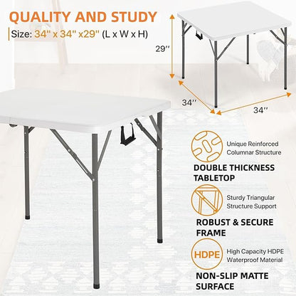 34" Square Folding Table Fold-in-Half Utility Dining Portable Table Heavy Duty HDPE with Carrying Handle, Plastic Tables for Camping,Picnic, Office, Party,Card Table (White)