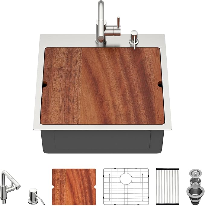 21 Outdoor Kitchen Sink with Faucet- Beslend Drop In Outdoor Bar Sink with Pull-Out Faucet and Cover, 16 Gauge Stainless Steel Kitchen Sinks Workstation Single Bowl Above Counter Indoor Outdoor