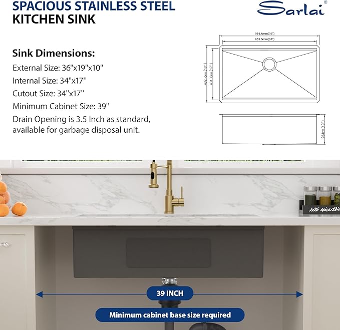 Sarlai 36 Gold Undermount Kitchen Sink Workstation - 36x19 Inch Kitchen Sinks with Ledge NANO-Tech Gold Sink Round Corner 16 Gauge Stainless Steel Single Bowl Sink Basin