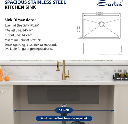 Sarlai 36 Gold Undermount Kitchen Sink Workstation - 36x19 Inch Kitchen Sinks with Ledge NANO-Tech Gold Sink Round Corner 16 Gauge Stainless Steel Single Bowl Sink Basin