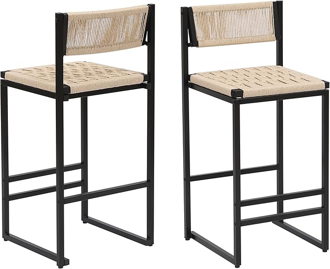 Set of 2 Woven Bar Stools with Backrest Paper Rope Weave Dining Chairs for Kitchen Island (Style B Black Creamy White)