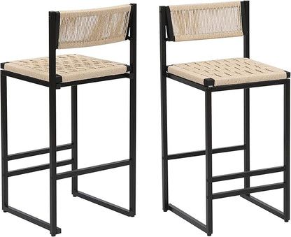 Set of 2 Woven Bar Stools with Backrest Paper Rope Weave Dining Chairs for Kitchen Island (Style B Black Creamy White)