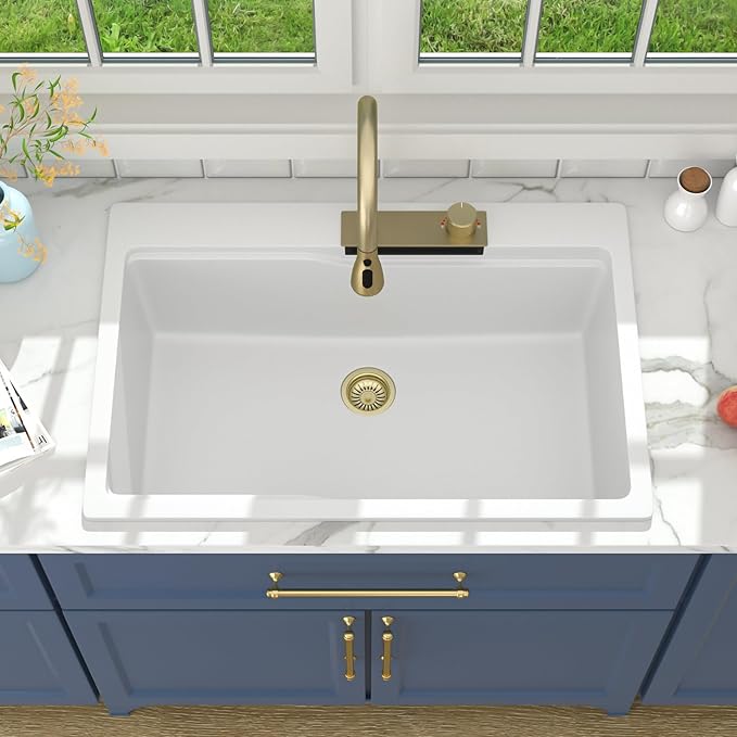 33 Waterfall Kitchen Sink Drop In - Lordear 33x22 Kitchen Sinks White Quartz Granite Composite Multifuctional Workstation Single Bowl Topmount Sink with Pull Out Faucet