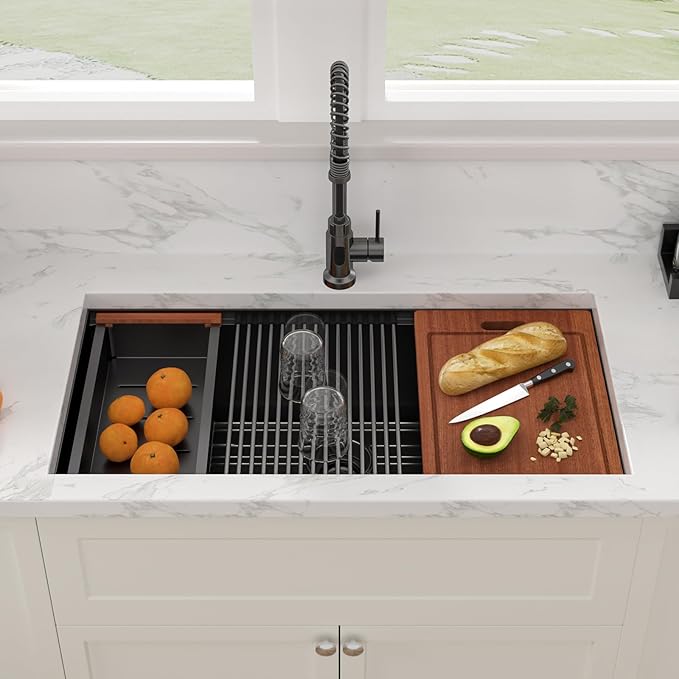 Sarlai 36 Black Undermount Kitchen Sink Workstation - 36x19 Inch Kitchen Sinks with Ledge NANO-Tech Gumental Black Sink Round Corner 16 Gauge Stainless Steel Single Bowl Sink Basin