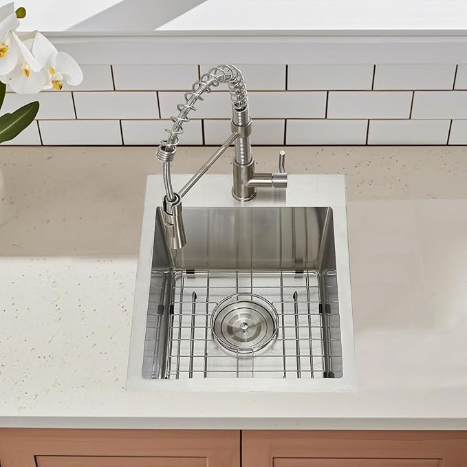 15 Drop In Bar Sink, 16 Guage Stainless Steel 13x15x9 Wet Bar Prep RV Outdoor Small Kitchen Sink Topmount Single Bowl with Drain