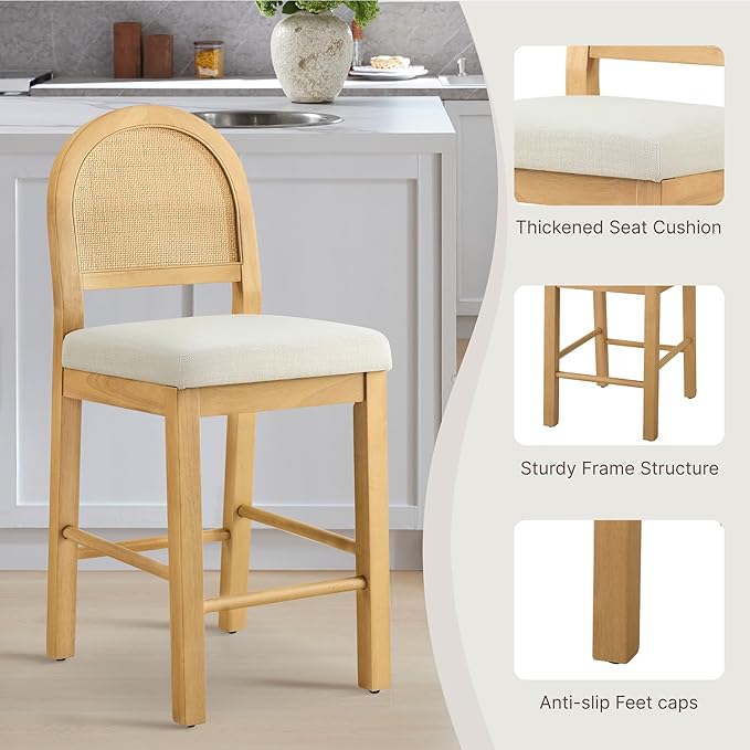Rattan Counter Height Bar Stools Set of 3, Upholstered Farmhouse Barstools with Natural Rattan Back, Wooden Legs for Kitchen Island, Natural/Linen