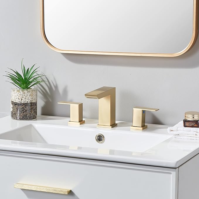 Brushed Gold Bathroom Sink Faucet, 3 Hole Waterfall Bathroom Faucet, 2 Handle Vanity Bath Faucets, Modern Bathroom Faucet with Supply Hoses and Drain