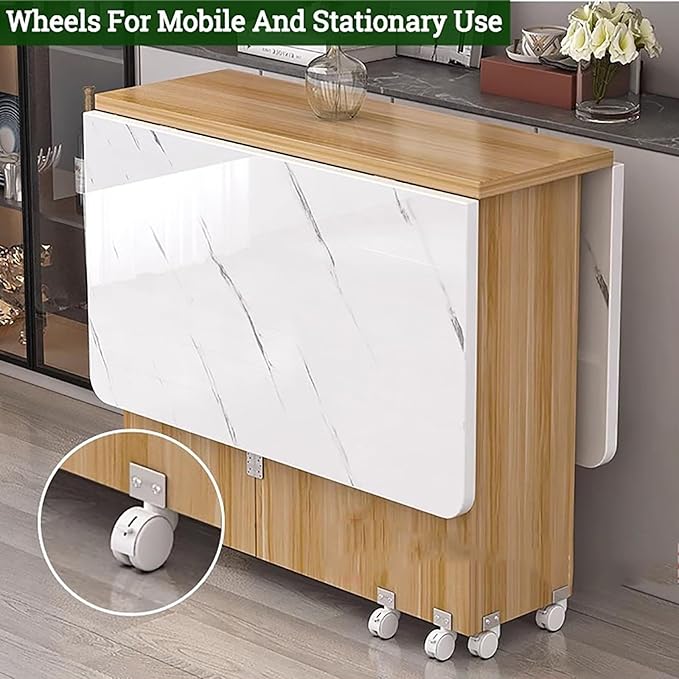 Wooden Folding Dining Table with Drop Leaf, Space-Saving Kitchen Island Table with Wheels, Hidden Storage(White Yellow,47.2inch)