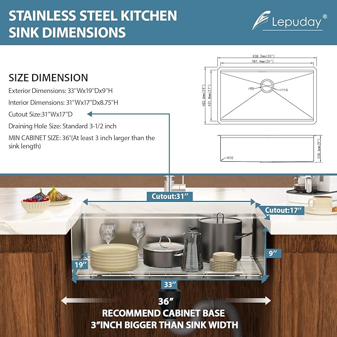 33 Inch Undermount Kitchen Sink 33x19 Inch Stainless Steel Ledge Workstation Sink 16 Gauge Single Bowl 9'' Deep Handmade Basin