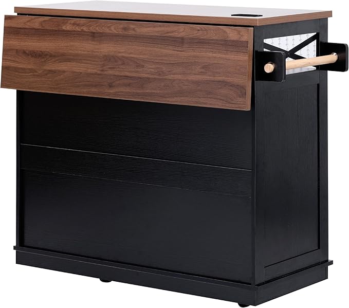 Ball & Cast 46.5" Kitchen Island with Drape of Beads&Power Outlet,Rolling Kitchen Cart on 5 Wheels W/ 3 Drawers,Kitchen Storage Cart W/Internal Iron Shelf&Towel Rack,for Kitchen,Dining Room,Black