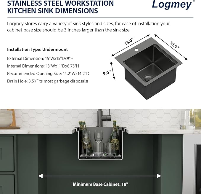 Logmey 15" Square Drop in Bar Sink,PVD Nano Gun Black 16 Gauge Stainless Steel,15x15x9 Workstation Sink for Kitchen Prep,RV,Wet Bar & Outdoor