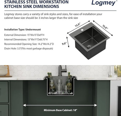 Logmey 15" Square Drop in Bar Sink,PVD Nano Gun Black 16 Gauge Stainless Steel,15x15x9 Workstation Sink for Kitchen Prep,RV,Wet Bar & Outdoor