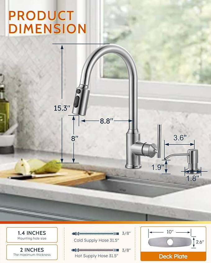 Kitchen Faucets with Soap Dispenser with Pull Down Sprayer, High Arc Single Handle Stainless Steel Sink Faucets 1 or 3 Hole, Kitchen Sink Faucets for Farmhouse Camper Laundry Rv Bar,Brushed Nickel