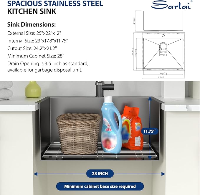 Sarlai Laundry Sink - Drop In 25"x22"x12" Deep Black Laundry Utility Sink Drop-in Topmount Single Bowl Sink 16 Gauge Stainless Steel Gunmetal Black Kitchen Laundry Room Sinks