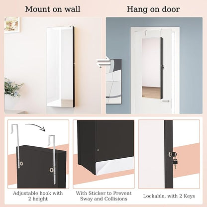 Unisakey Mirror Jewelry Cabinet,Lockable Wall or Door Mounted Jewelry Armoire Organizer With Built-up Mirror,LED Lights, Drawers,Cosmetic Trays,Shelves, 14.4"x3.15"x 43.1"（Black）