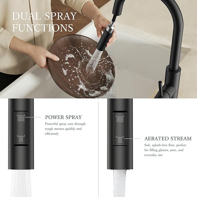 FORIOUS Kitchen Faucets with Pull Down Sprayer, Black Classic Single Handle Stainless Steel High Arc Faucet for Kitchen Sink, 1 Hole with Deck Plate Sink Faucet for Bar RV Farmhouse Outdoor Laundry
